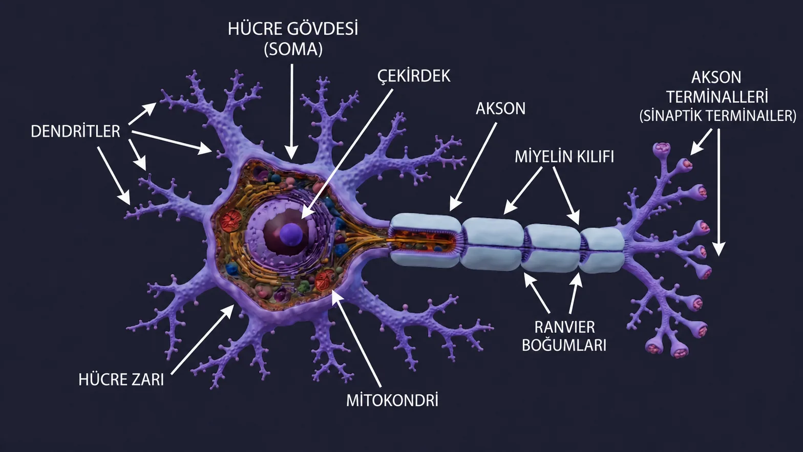 Sinir hücresinin anatomisi — dendritler, soma (çekirdek + organeller), miyelinli akson ve akson terminalleri